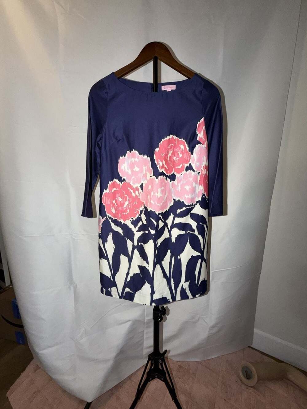 Lilly Pulitzer Shauna Tunic Dress Bright Navy Brava Floral 3/4 Sleeve Size 4
